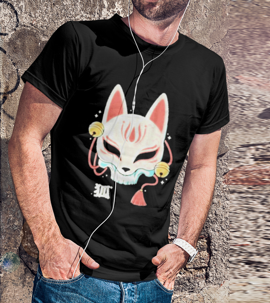 Lonely Club Kitsune Skull Mask With Bells And Kanji T-Shirt