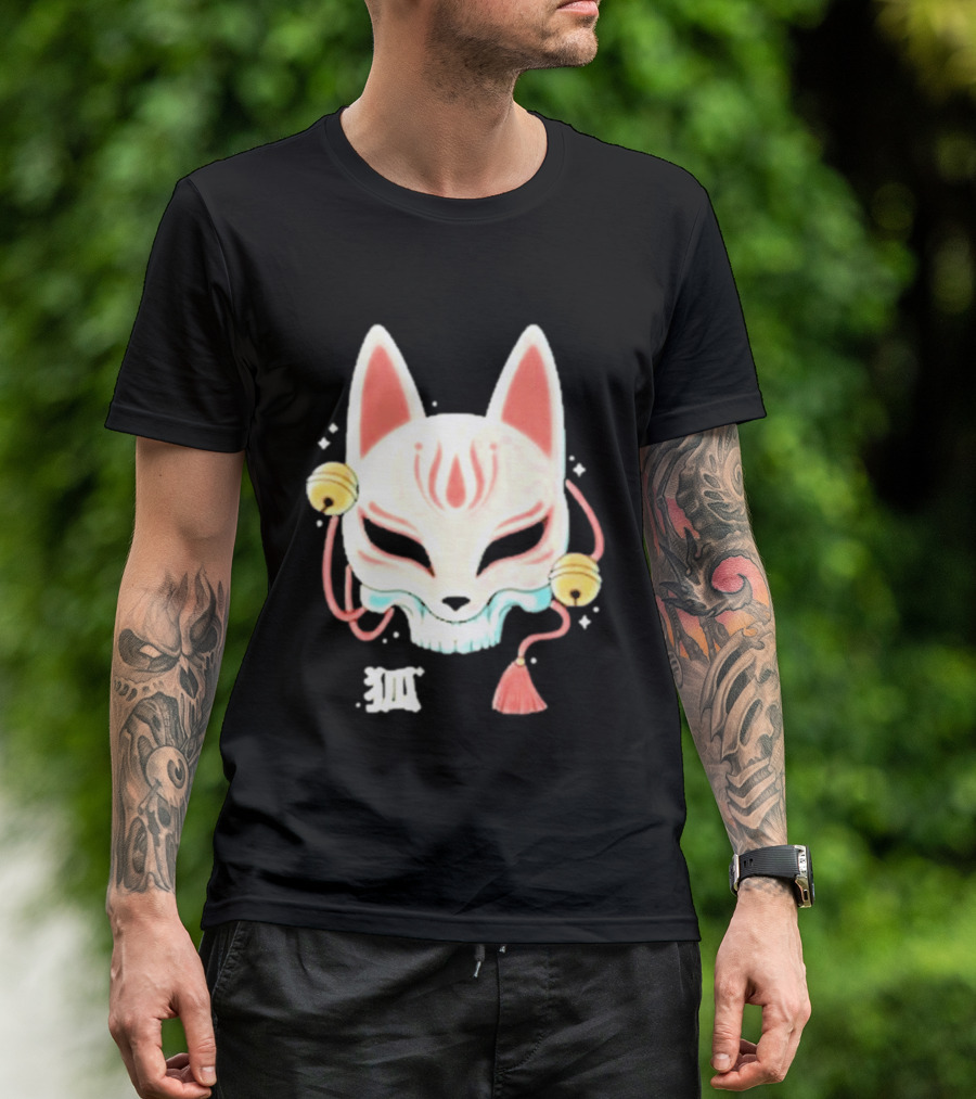 Lonely Club Kitsune Skull Mask With Bells And Kanji T-Shirt