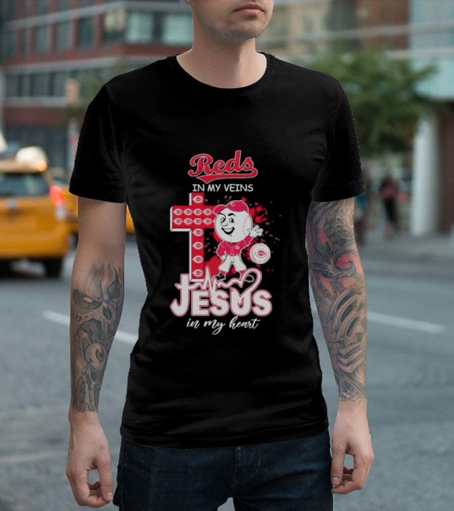 Reds In My Veins Jesus In My Heart Baseball Cross T-Shirt