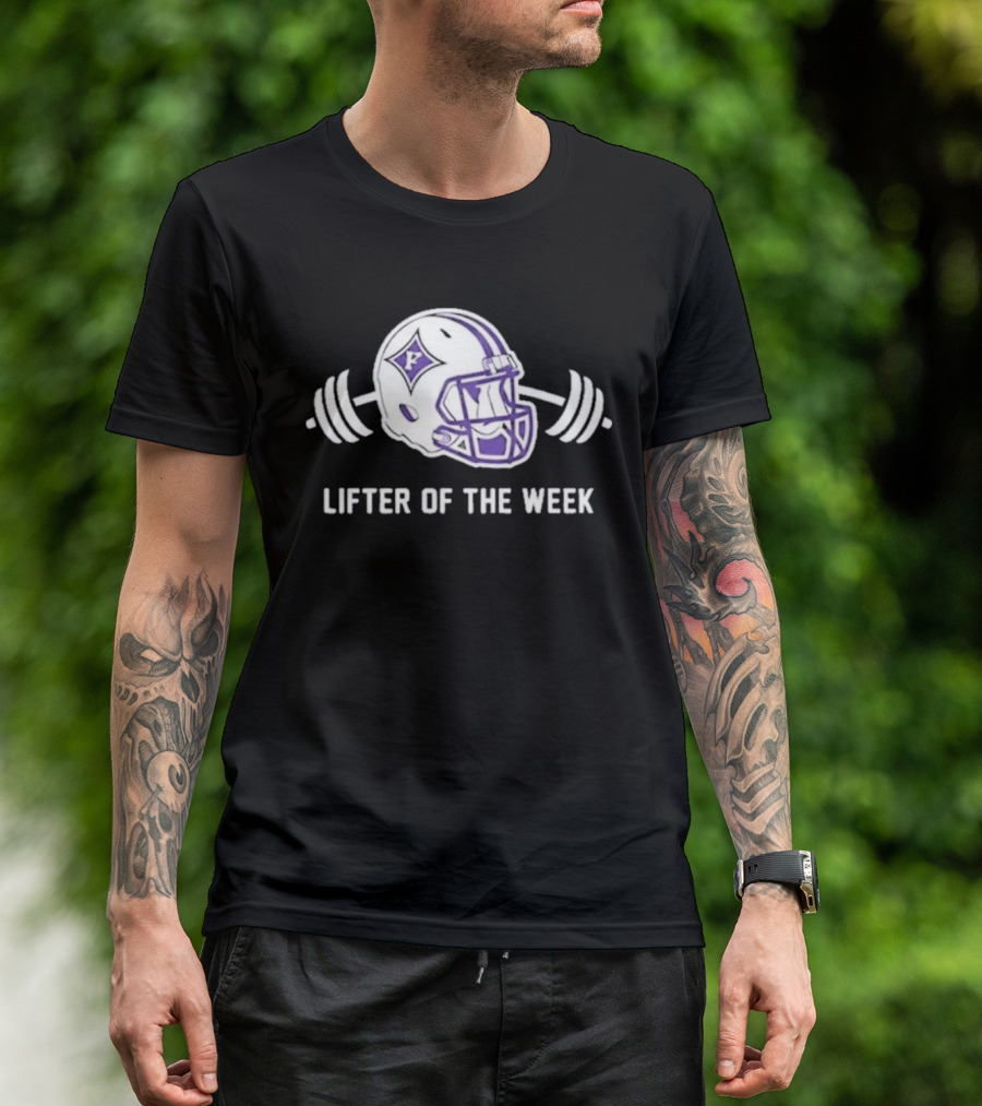 Furman Paladins Lifter Of The Week Helmet Logo With Weights T-Shirt