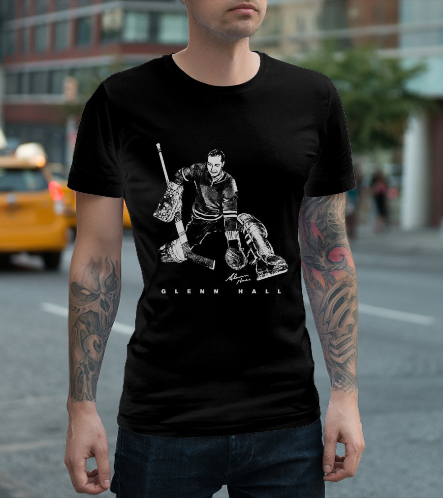 Glenn Hall Chicago Blackhawks Hockey Bitmap Vintage Style Goalie Iconic Pose T-Shirt