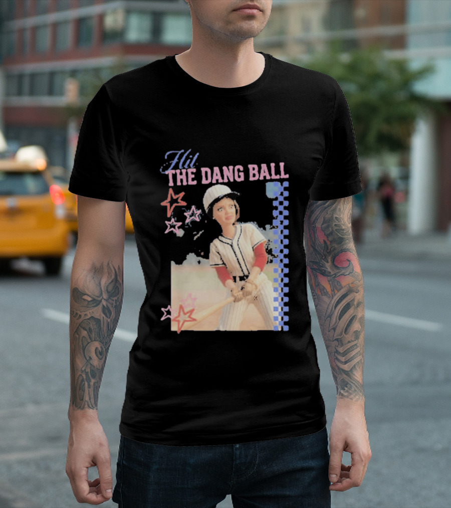 Hit The Dang Ball Vintage Baseball Player With Stars And Blue Checkerboard T-Shirt