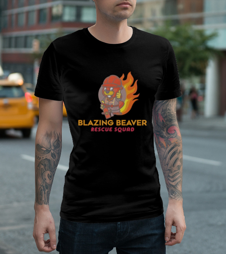 Blazing Beaver Rescue Squad Firefighter Cartoon With Flames T-Shirt