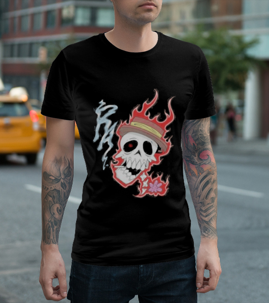 Rare Americans Skull With Flames And Hat Flower T-Shirt
