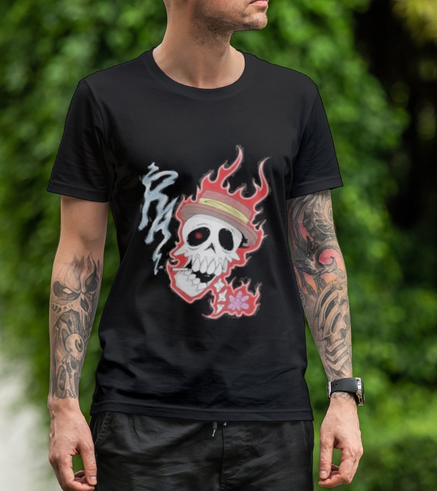 Rare Americans Skull With Flames And Hat Flower T-Shirt