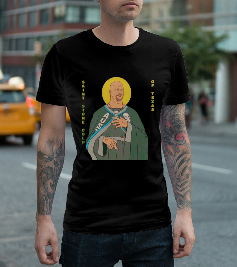 Men Saint Stone Cold Of Texas 3 16 Day Steve Austin Wrestling Icon Illustrated Halo T-Shirt