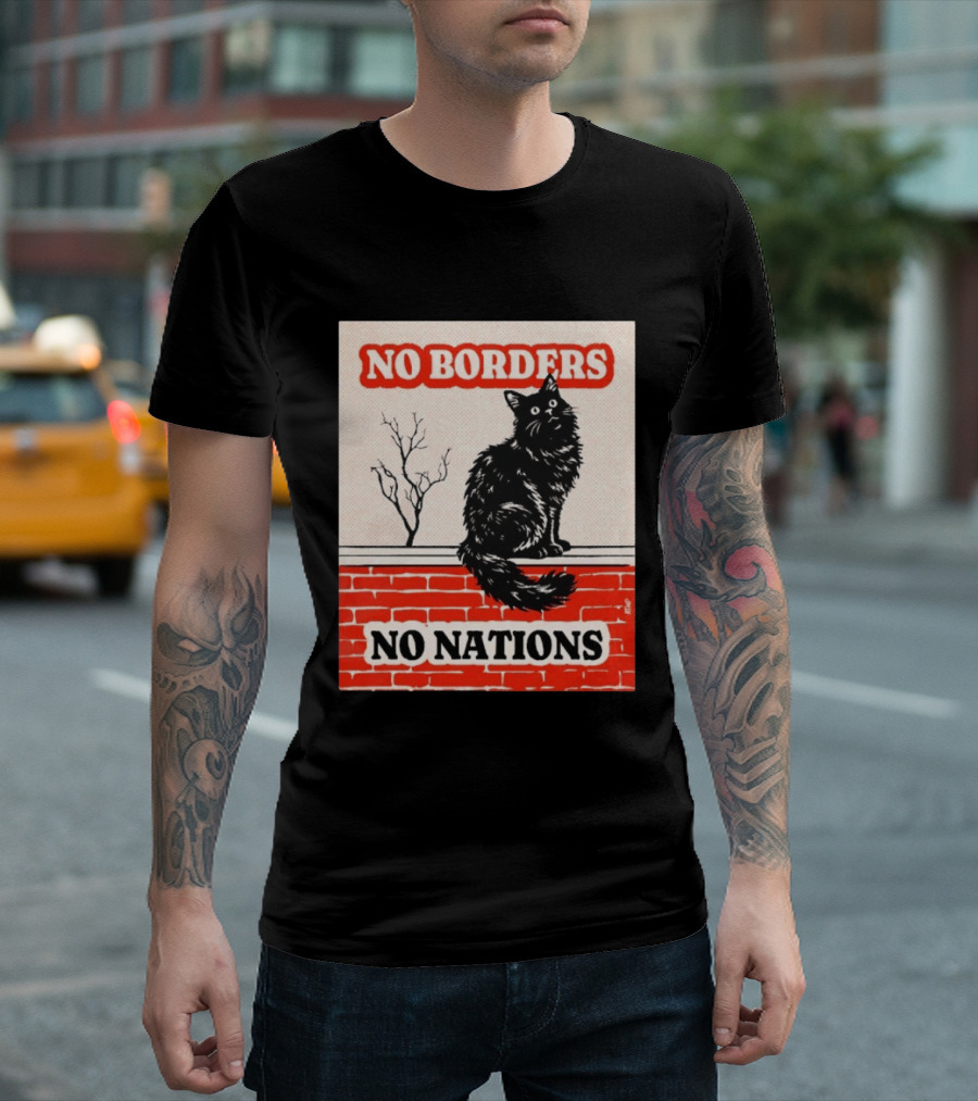 No Borders No Nations Cat Black Feline On Brick Wall T-Shirt