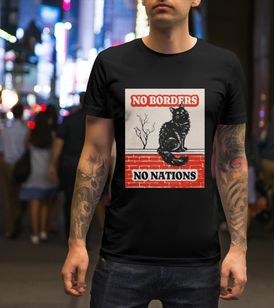 No Borders No Nations Cat Black Feline On Brick Wall T-Shirt