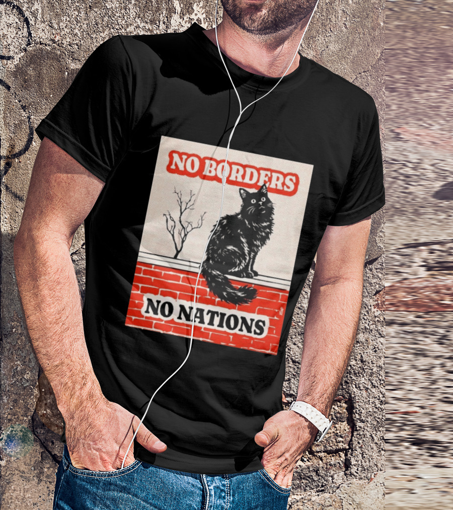 No Borders No Nations Cat Black Feline On Brick Wall T-Shirt
