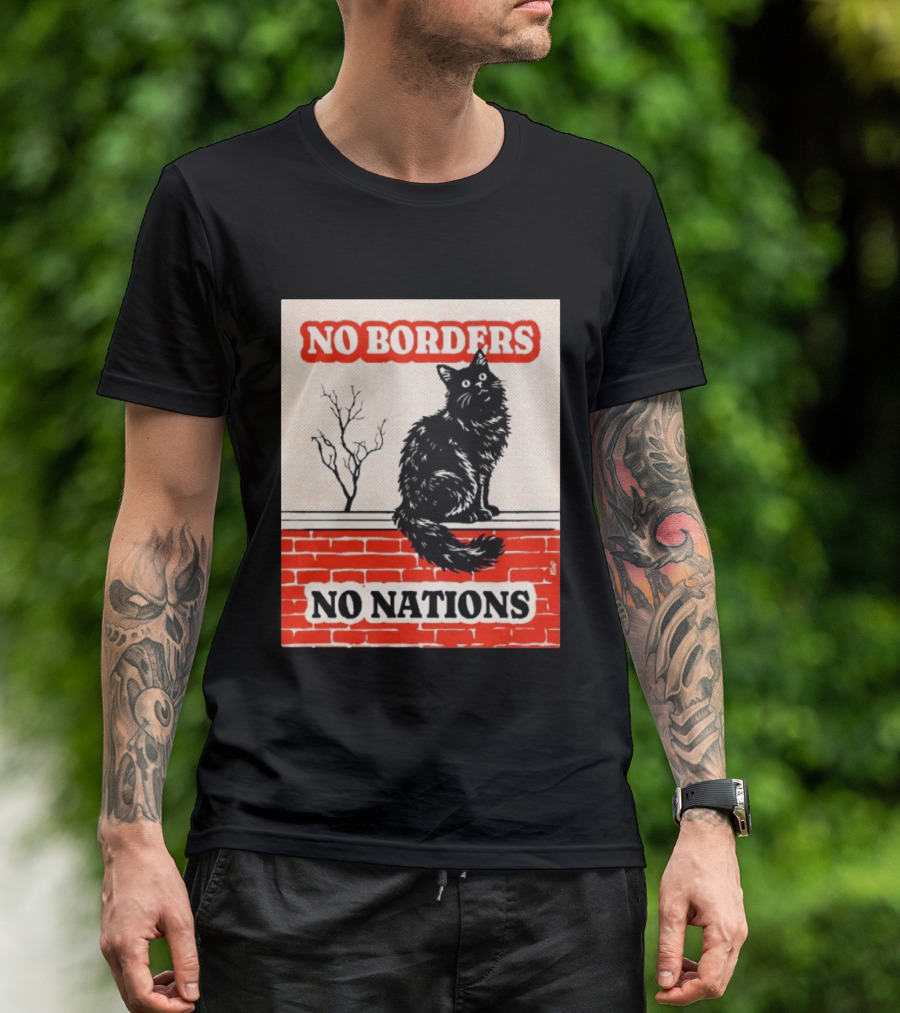 No Borders No Nations Cat Black Feline On Brick Wall T-Shirt