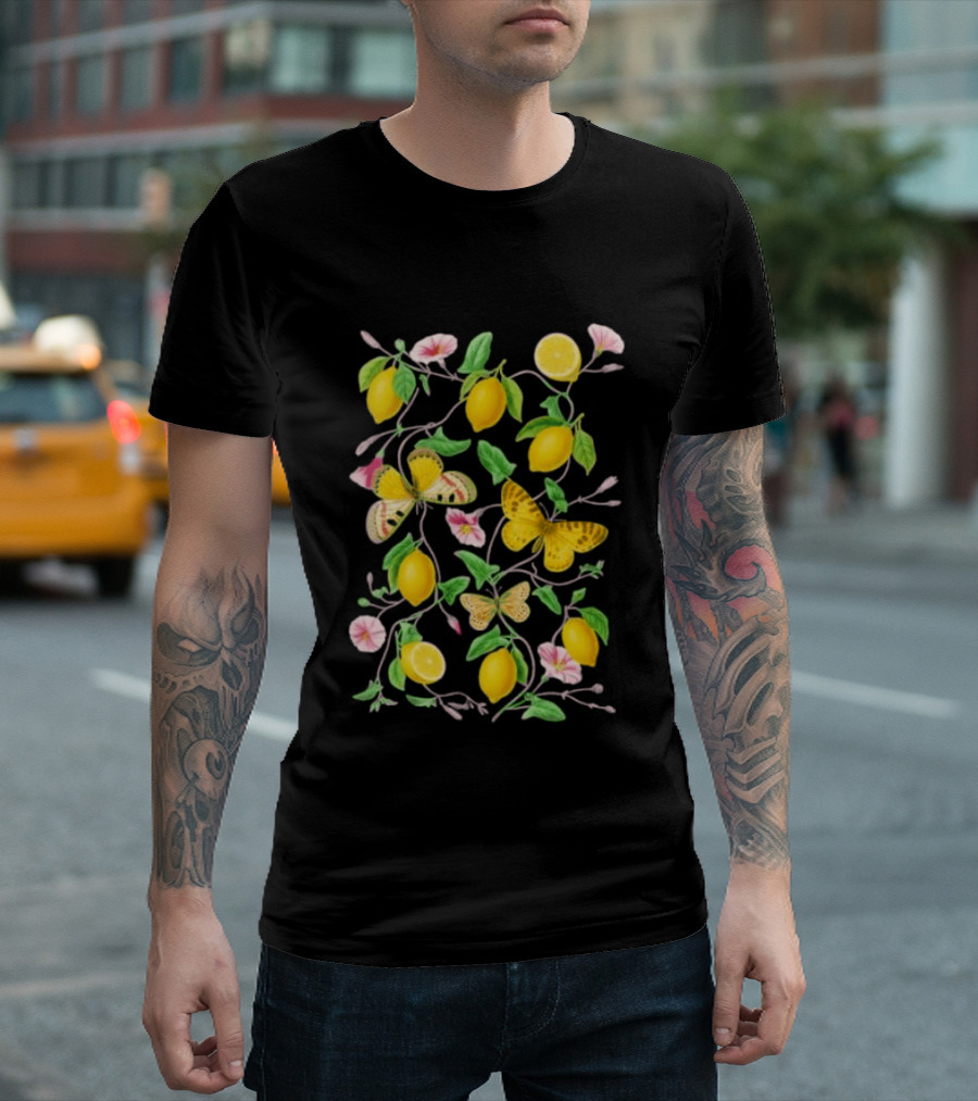 Botanical Lemon Butterfly Pink Flowers And Green Leaves T-Shirt