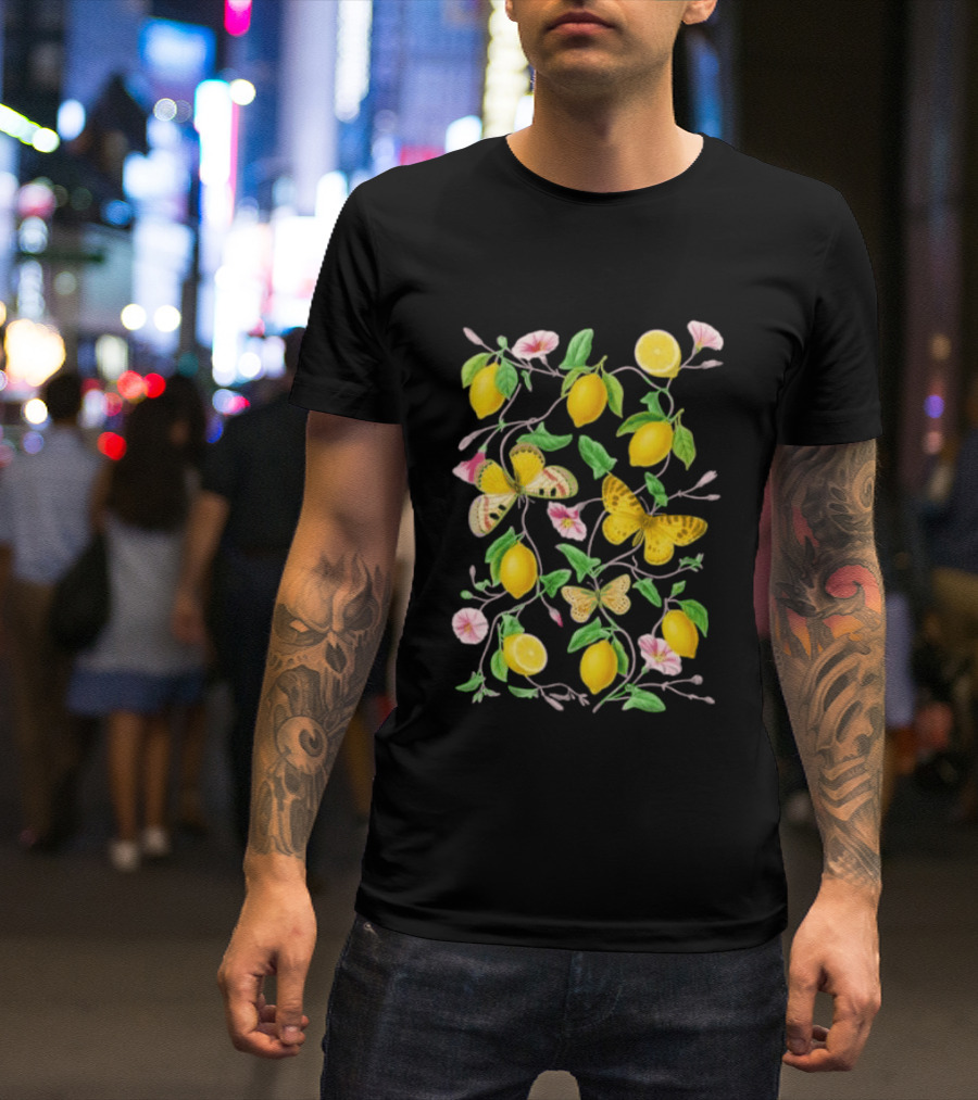 Botanical Lemon Butterfly Pink Flowers And Green Leaves T-Shirt