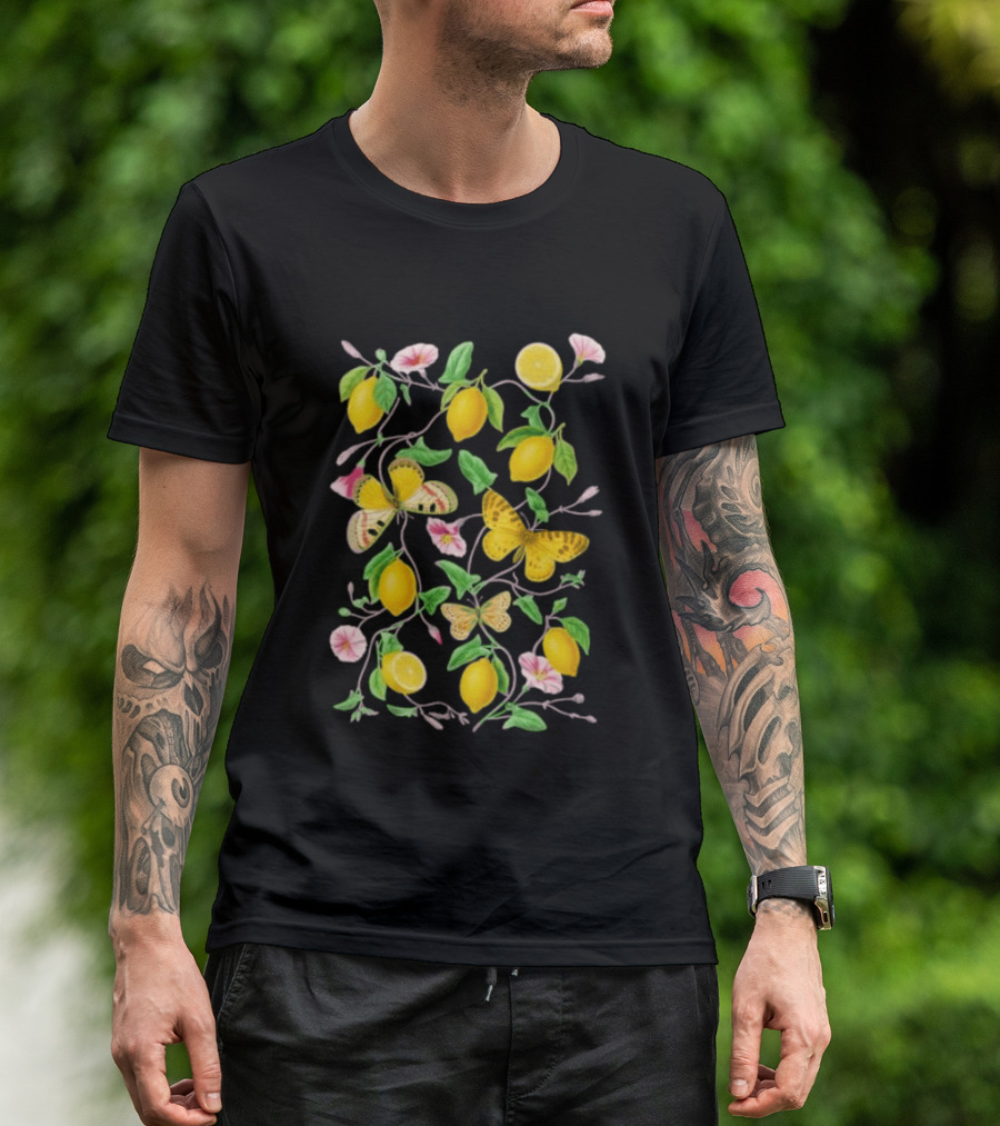 Botanical Lemon Butterfly Pink Flowers And Green Leaves T-Shirt