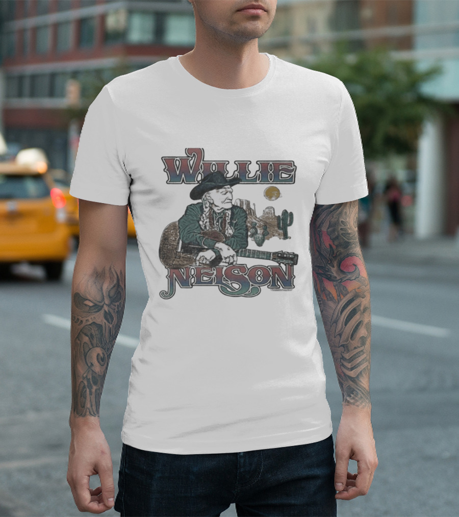 Willie Nelson Desert Cactus Guitar Scene T-Shirt