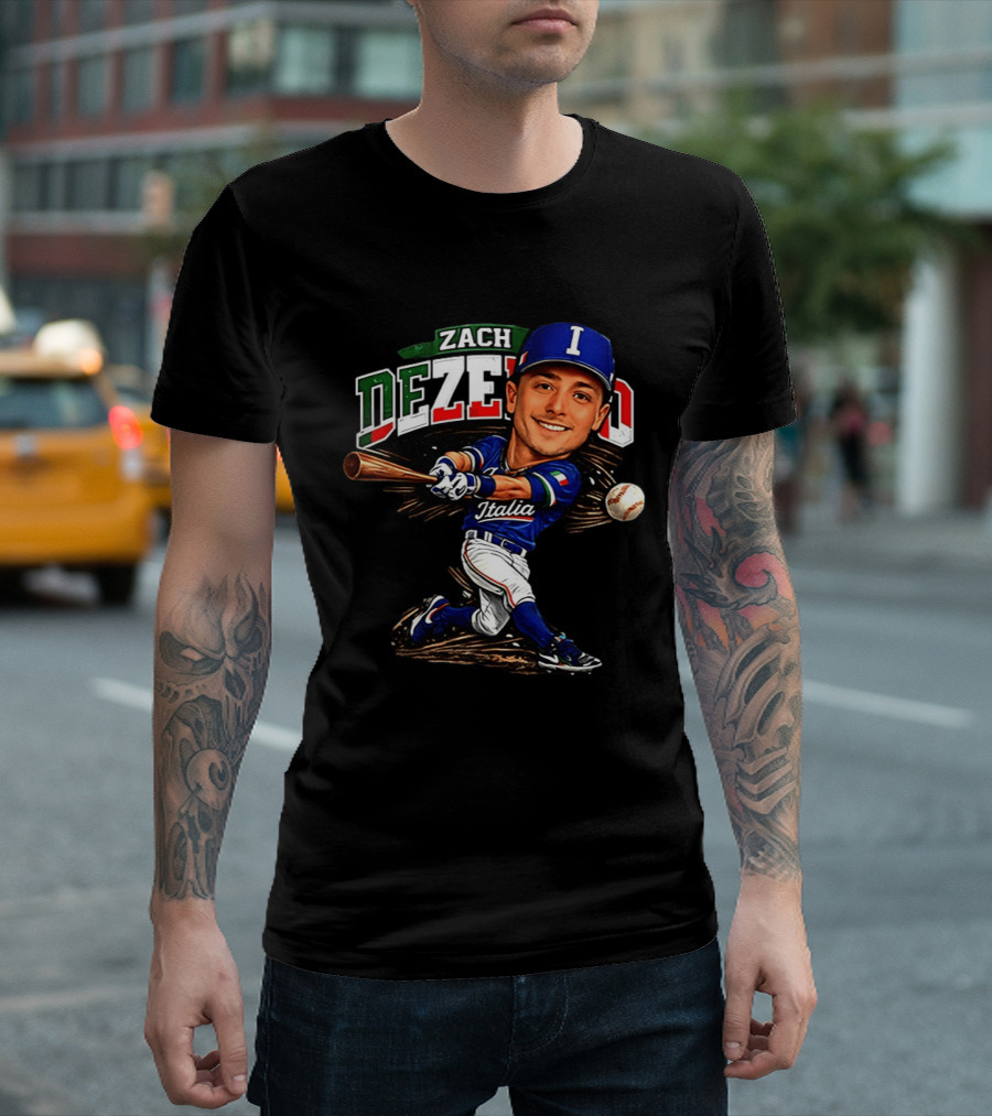 Zach Dezenzo Italia Baseball Classic Caricature Swinging Batter T-Shirt