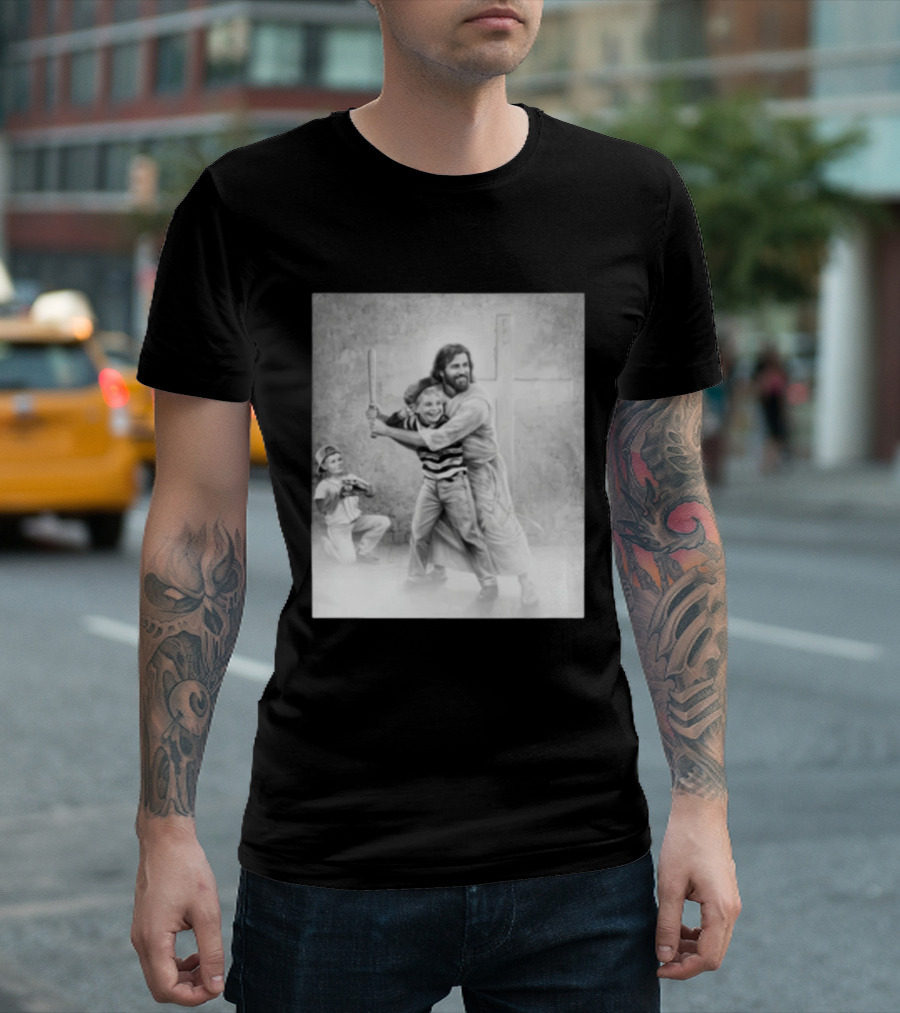 Jesus As A Coach With Children Playing Baseball In Front Of A Cross T-Shirt