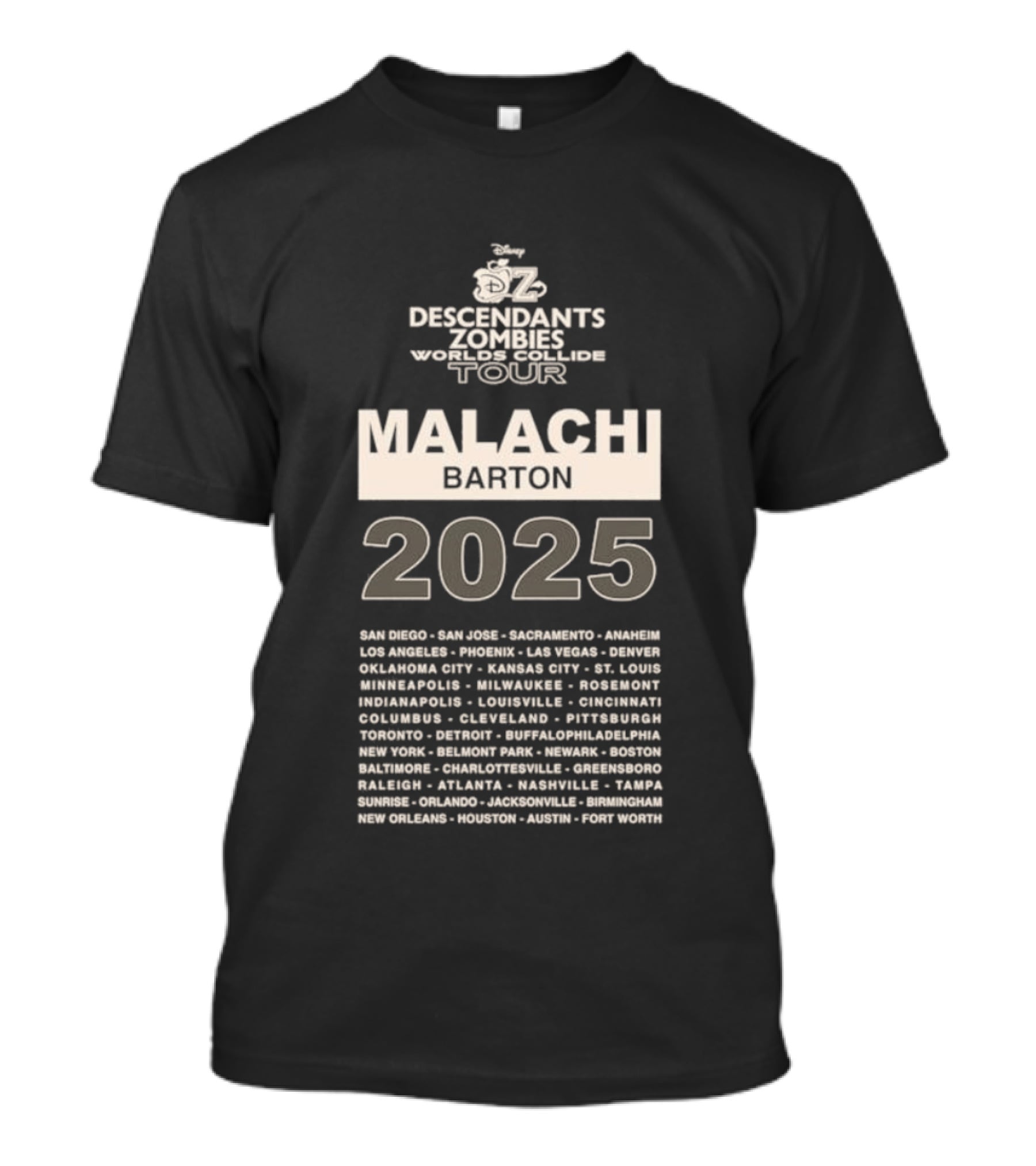 Descendants Zombies Worlds Collide Tour Malachi Barton 2025 City List T-Shirt