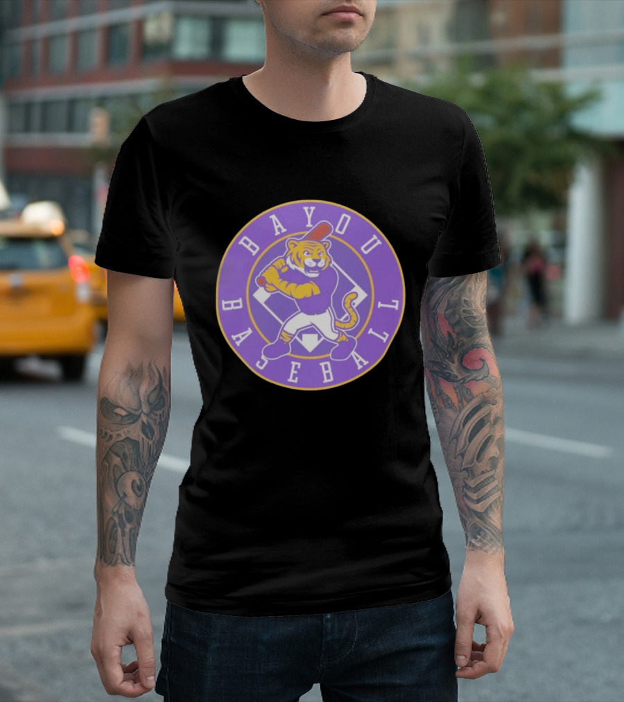 Bayou Baseball Purple Tiger Mascot Batter Circle T-Shirt
