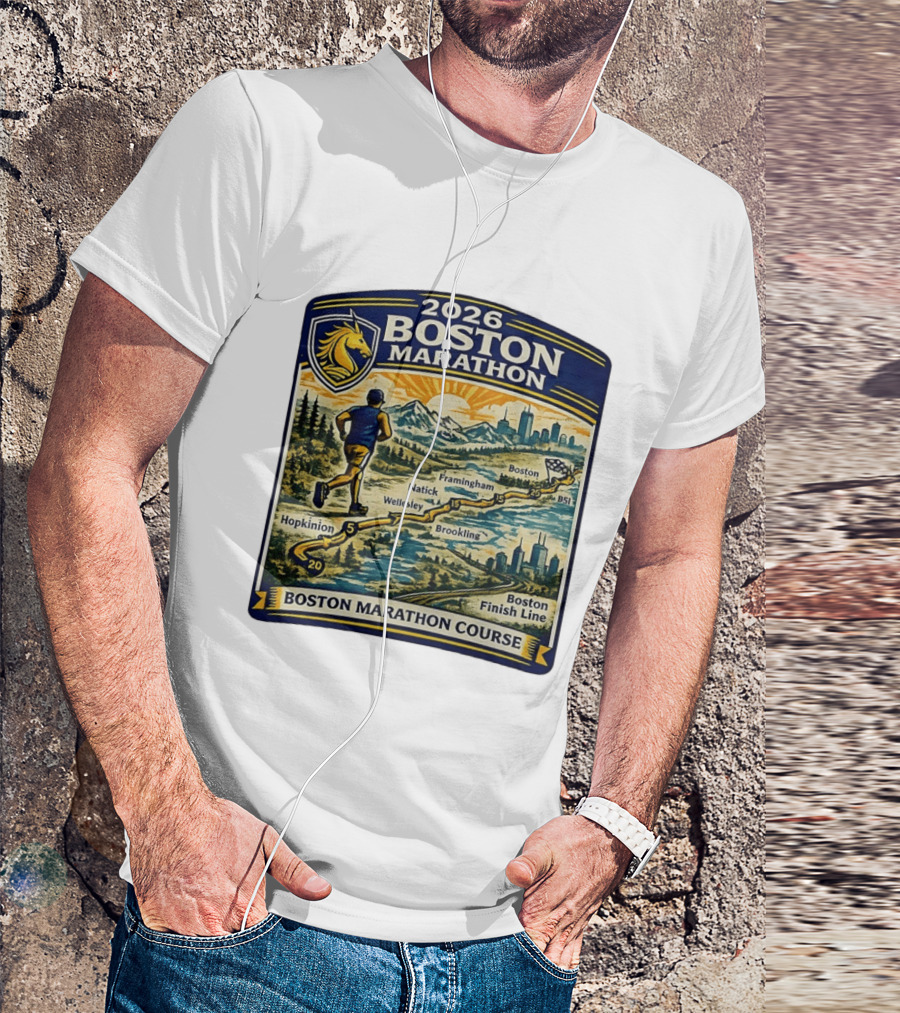 2026 Boston Marathon Course Hopkinton Framingham Natick Wellesley Brookline Finish Line T-Shirt