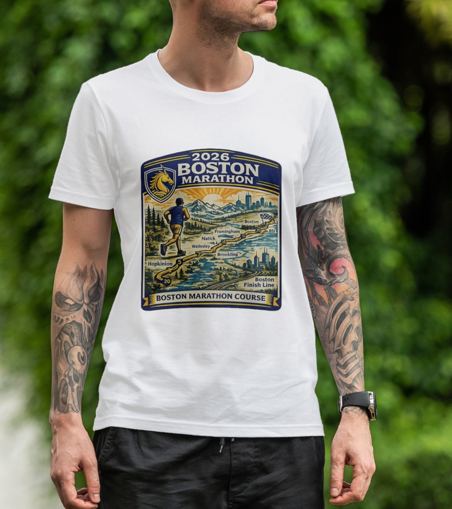 2026 Boston Marathon Course Hopkinton Framingham Natick Wellesley Brookline Finish Line T-Shirt