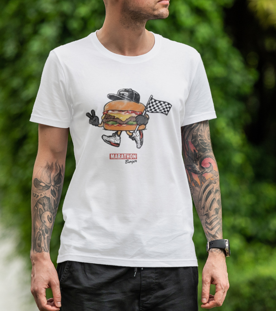 Marathon Burger Cartoon Racing With Peace Sign And Checkered Flag T-Shirt