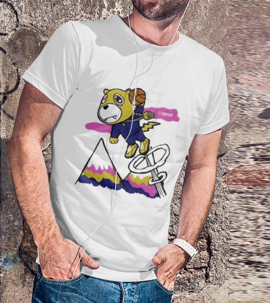 Dnvr Flying Basketball Mascot In Colorful Mountain Scene With Bicycle And Lightning T-Shirt
