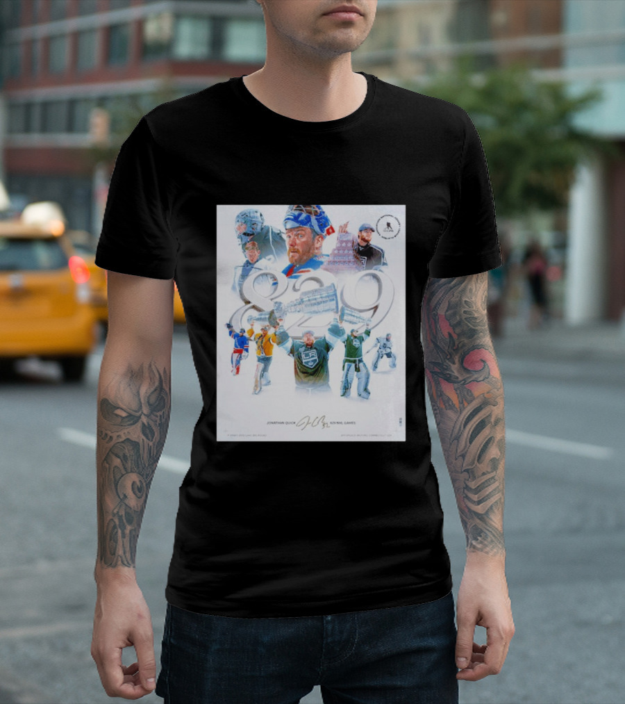 Jonathan Quick 829 NHL Games Collage With Stanley Cup Images T-Shirt