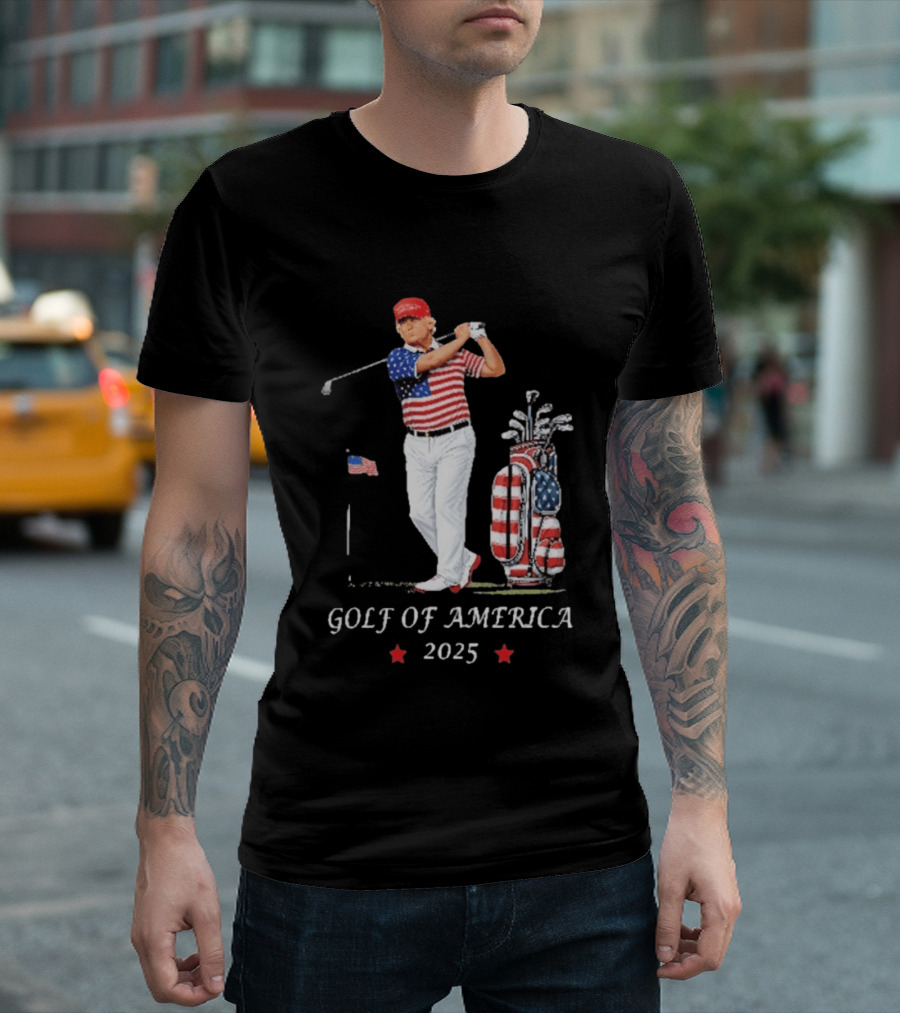 GOLF OF AMERICA 2025 Trump Red Cap Stars Stripes Golf Bag T-Shirt