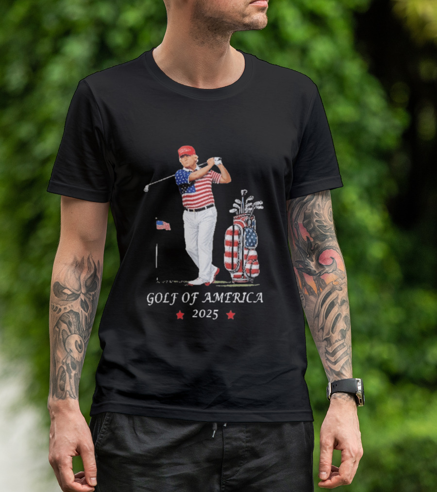 GOLF OF AMERICA 2025 Trump Red Cap Stars Stripes Golf Bag T-Shirt