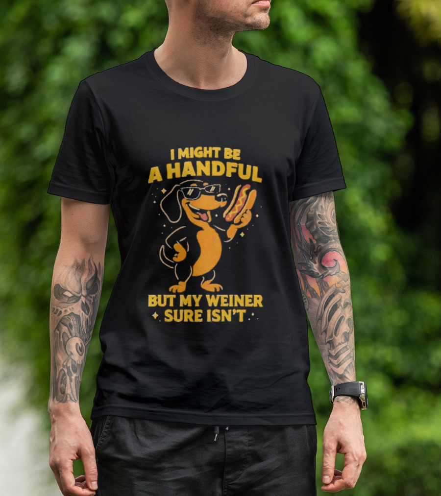 I Might Be A Handful But My Weiner Sure Isn't Hotdog Dog Wearing Glasses Holding Hotdog T-Shirt