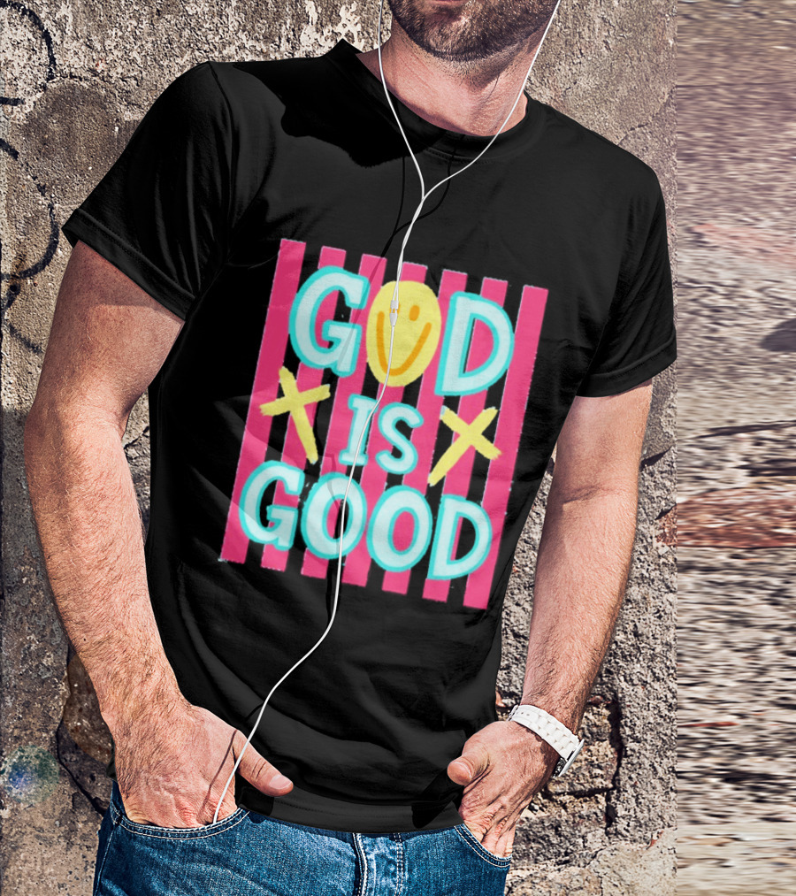 God Is Good Smiley Face Crosses Pink Stripes T-Shirt