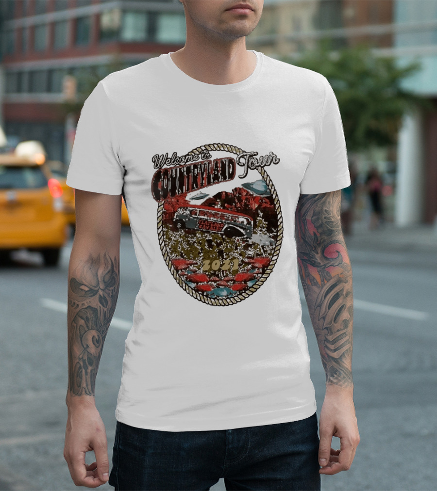 Welcome To Countryland Tour 2021 Flatland Cavalry Bus And Desert Scene T-Shirt