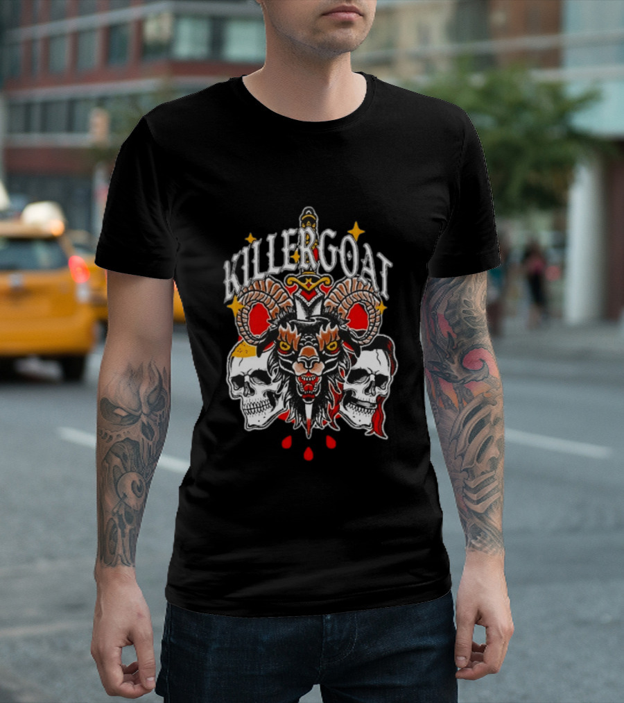 Killer Goat Skull Blood Drops And Horned Beast With Skulls And Sword T-Shirt