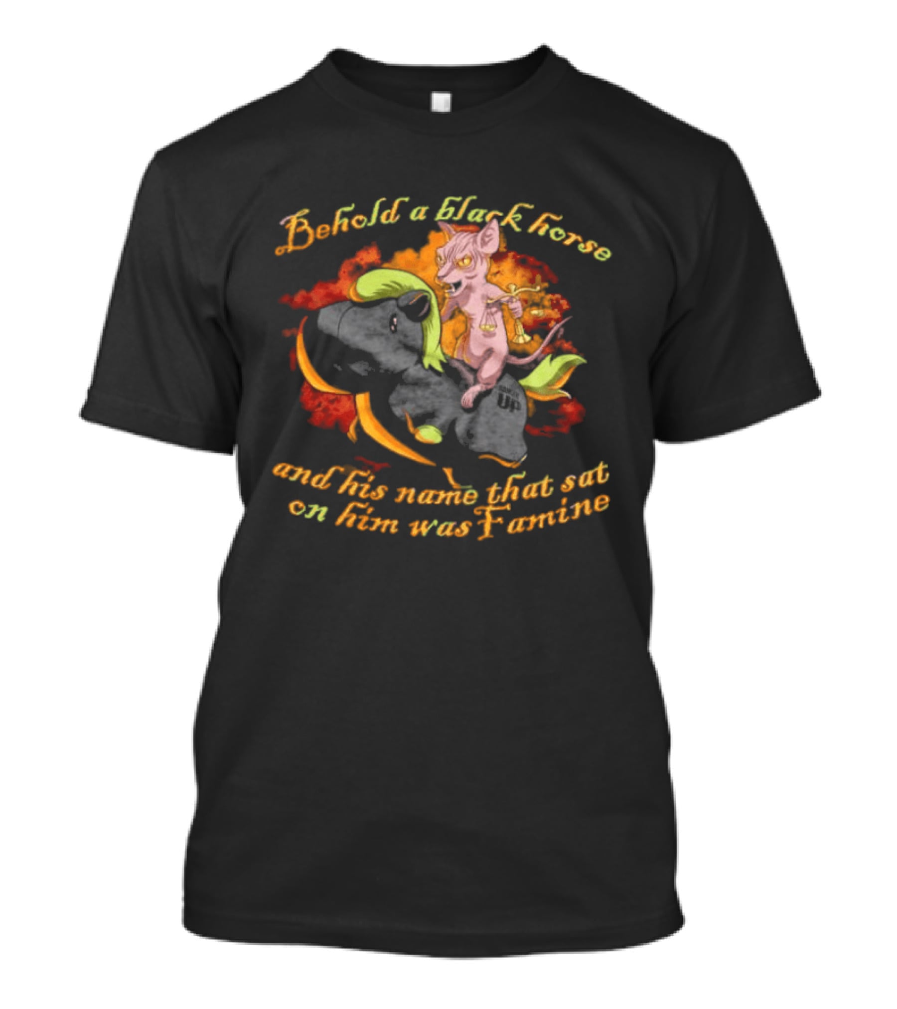 Behold A Black Horse And His Name That Sat On Him Was Famine Text With Cartoon Demon Rider T-Shirt
