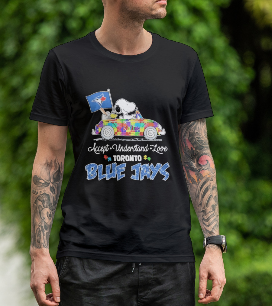 Snoopy Woodstock Driving Car Toronto Blue Jays Autism Awareness Accept Understand Love T-Shirt