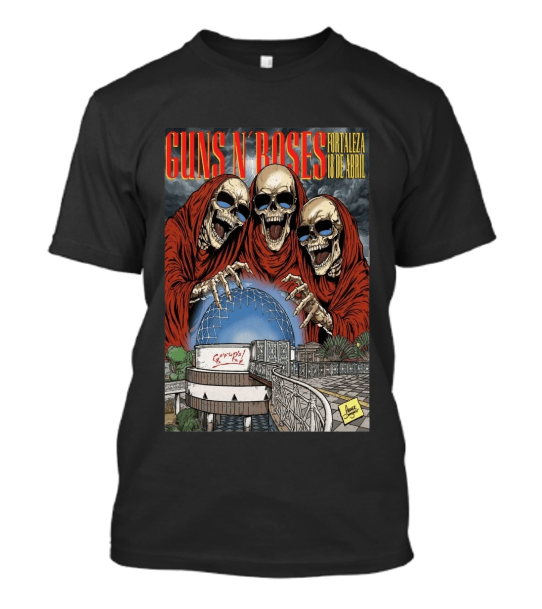 Guns N' Roses Fortaleza 18 De Abril Skeleton Red Hooded Figures Concert T-Shirt
