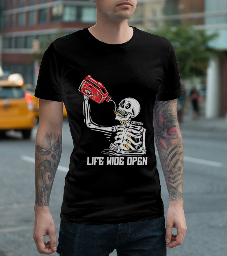 Cboystv Life Wide Open Skeleton Drinking Soul Fuel T-Shirt