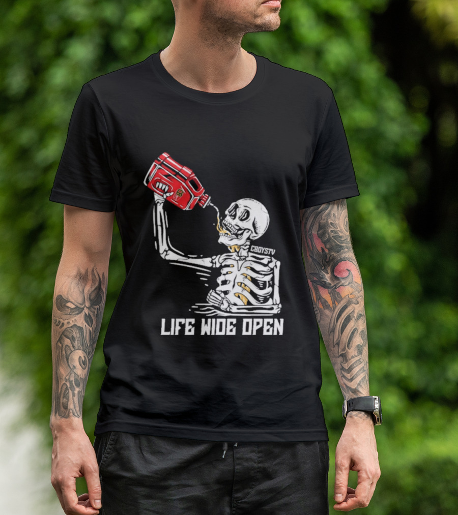 Cboystv Life Wide Open Skeleton Drinking Soul Fuel T-Shirt
