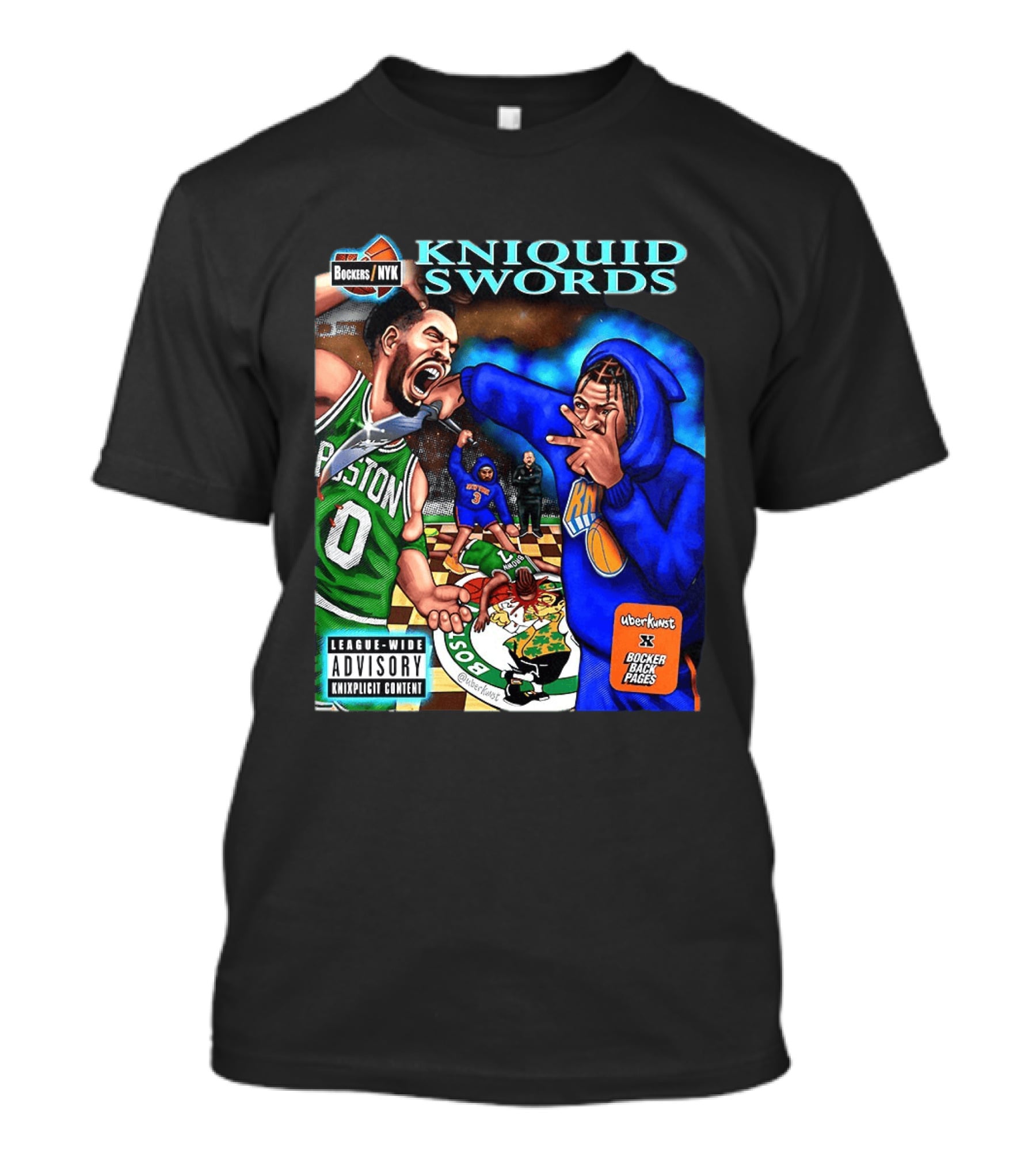 Kniquid Swords Bokers NYK Knixploitation Parental Advisory Uberkunst Bocker Back Pages T-Shirt