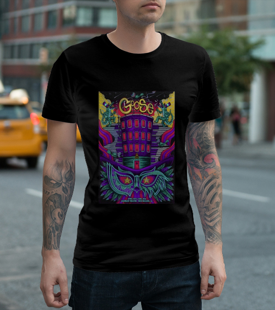 Goose Saenger Theatre New Orleans LA April 21 22 2026 Mardi Gras Gators Mask Art Deco T-Shirt