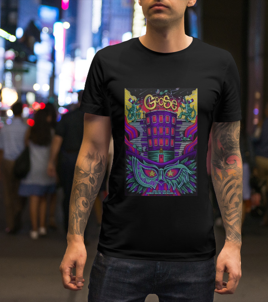 Goose Saenger Theatre New Orleans LA April 21 22 2026 Mardi Gras Gators Mask Art Deco T-Shirt
