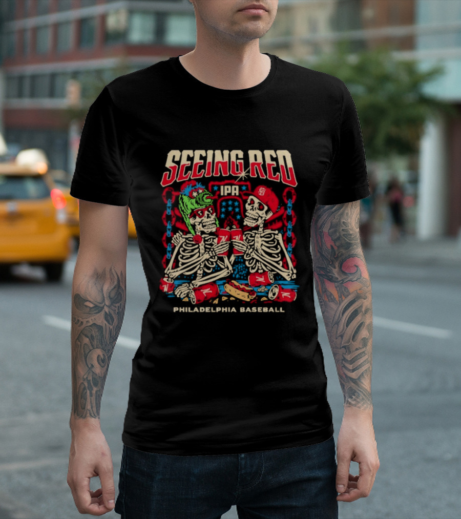 Seeing Red Philadelphia Baseball Skeletons Red Caps Hot Dog Beer T-Shirt
