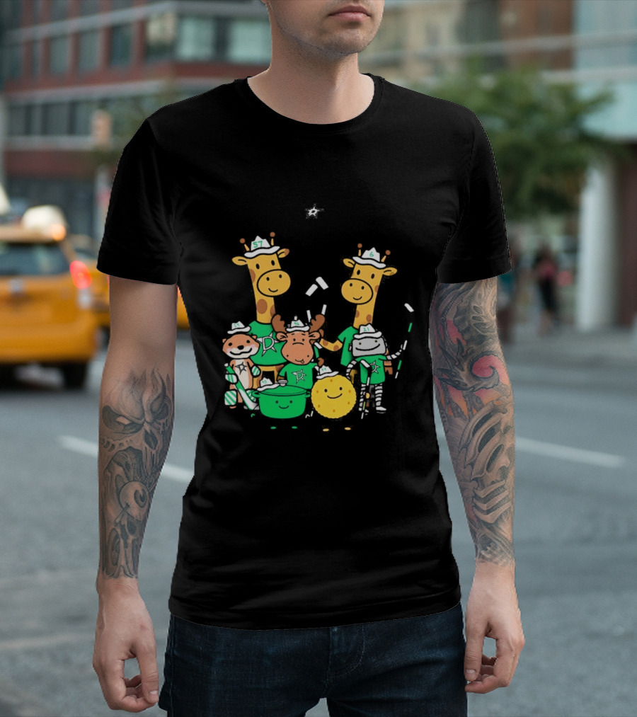 Dallas Stars Cartoon Characters Family Fun With Giraffe Moose Dog Bear And Cat T-Shirt