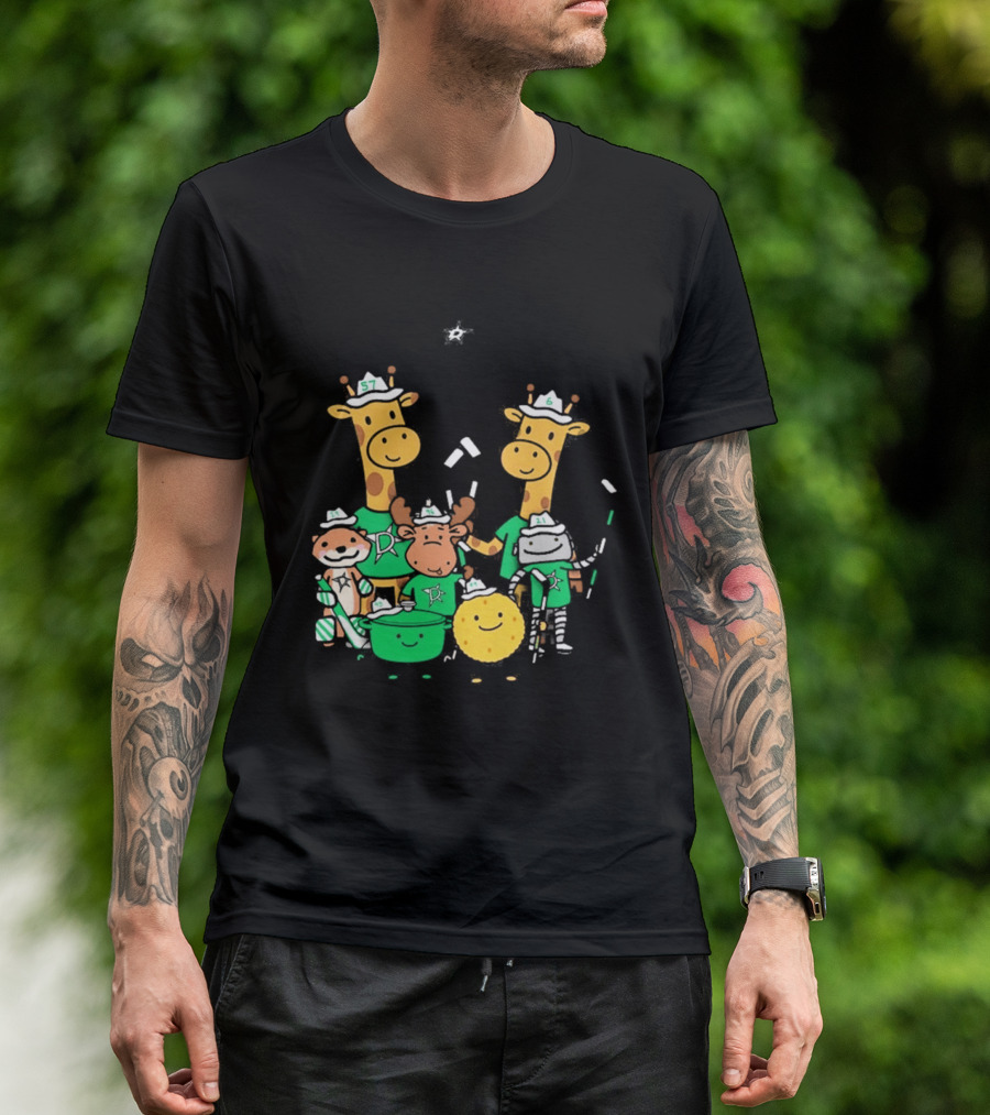 Dallas Stars Cartoon Characters Family Fun With Giraffe Moose Dog Bear And Cat T-Shirt