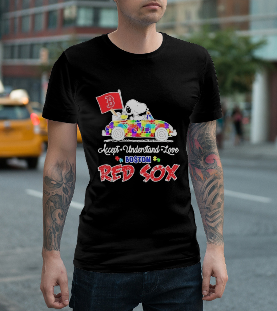 Snoopy Woodstock Boston Red Sox Driving Car Autism Awareness Accept Understand Love 2026 T-Shirt