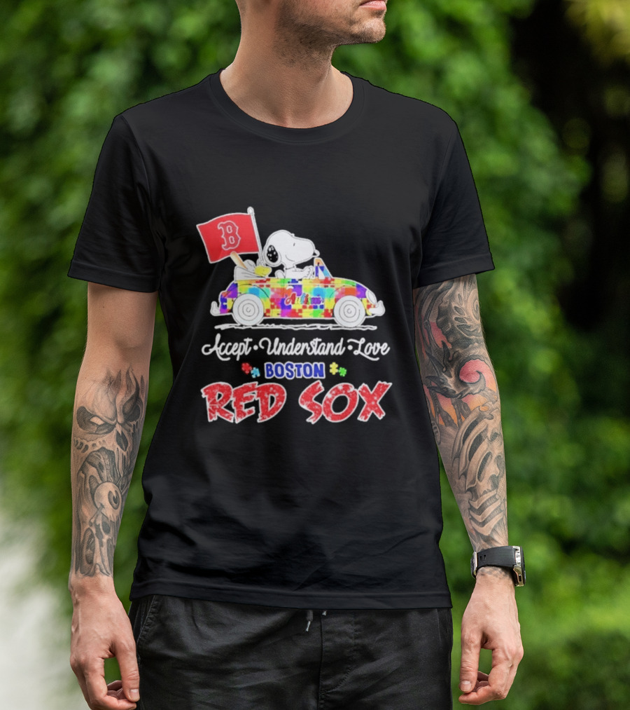 Snoopy Woodstock Boston Red Sox Driving Car Autism Awareness Accept Understand Love 2026 T-Shirt