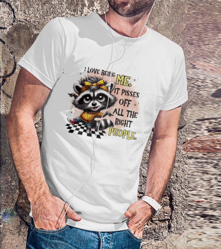 Raccoon I Love Being Me It Pisses Off All The Right People Yellow Bandana Denim Sneakers T-Shirt