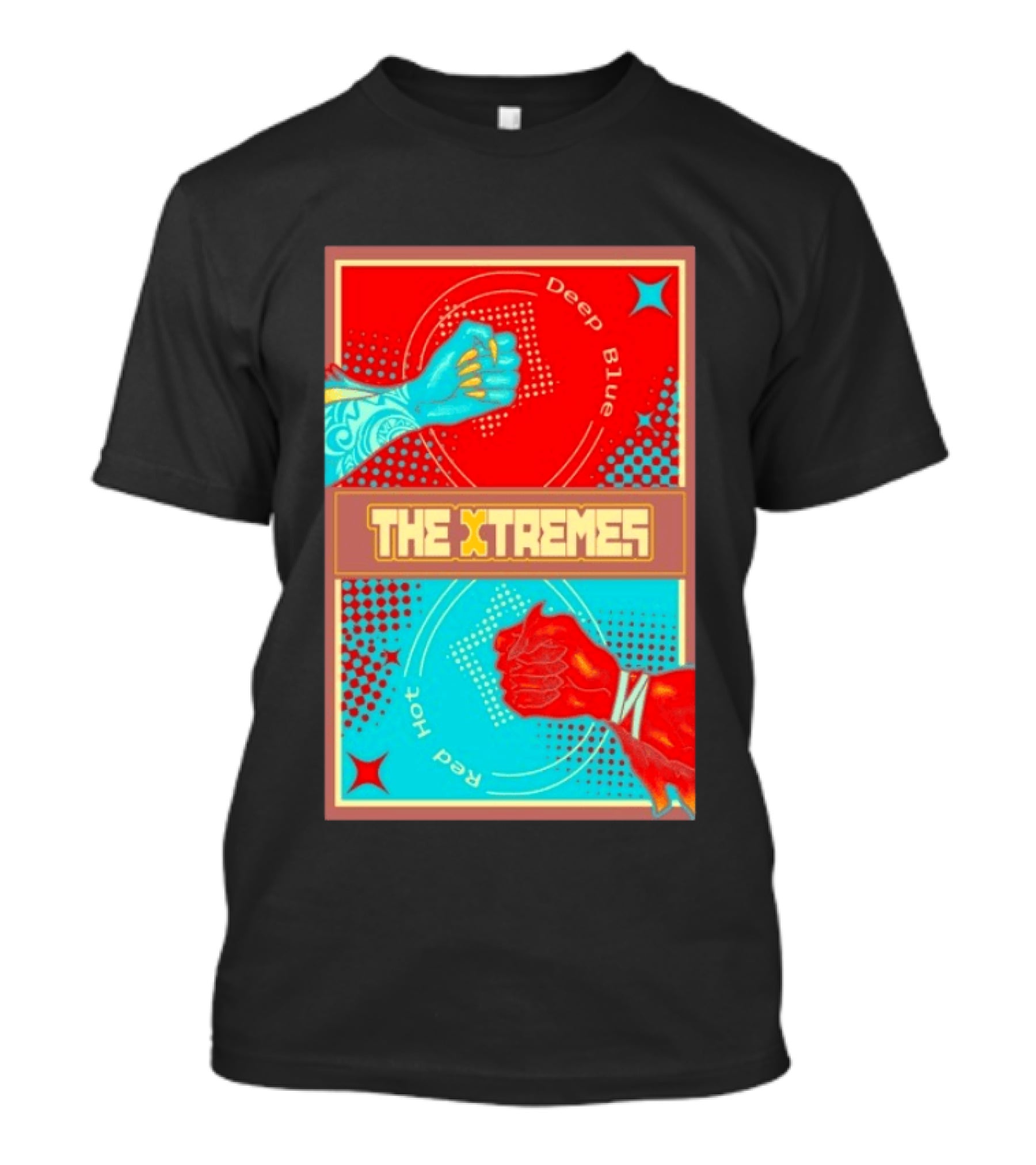 The Xtremes Deep Blue Red Hot Fist Bump Duel Comic T-Shirt
