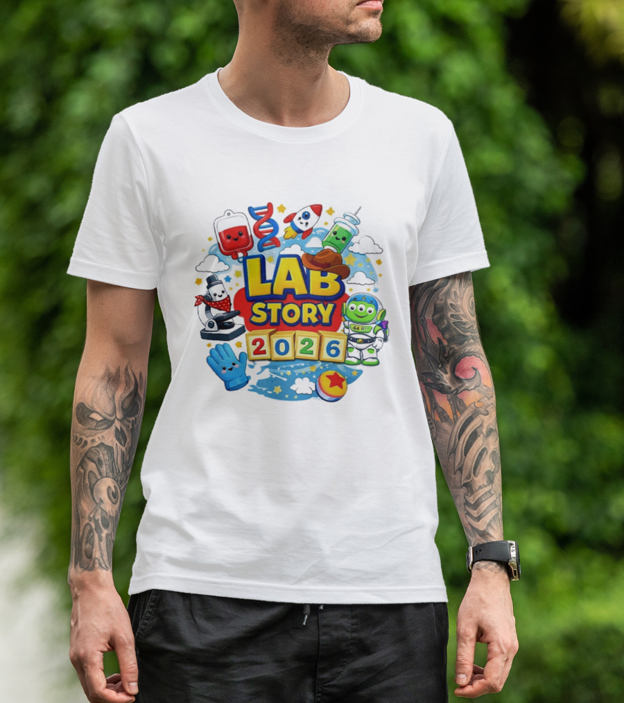 LAB STORY 2026 Cartoon Rocket Alien Science Adventure T-Shirt