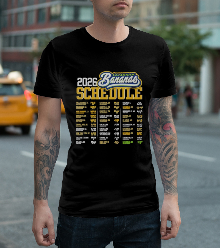 Savannah Bananas 2026 World Tour Schedule Dates And Locations T-Shirt